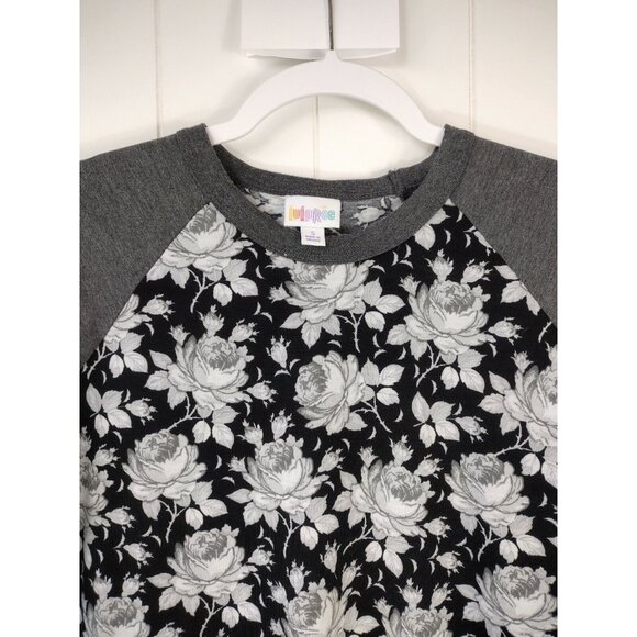 LulaRoe Randy Small Black White Roses Gray sleeves Raglan Baseball T-shirt Top S - Picture 2 of 4